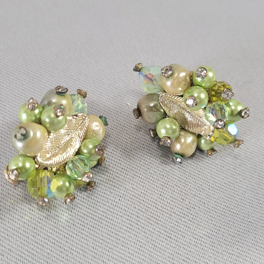 Vendome Vintage Green Faux Pearl Crystal Leaf Cluster Clip On Earrings Gold Tone